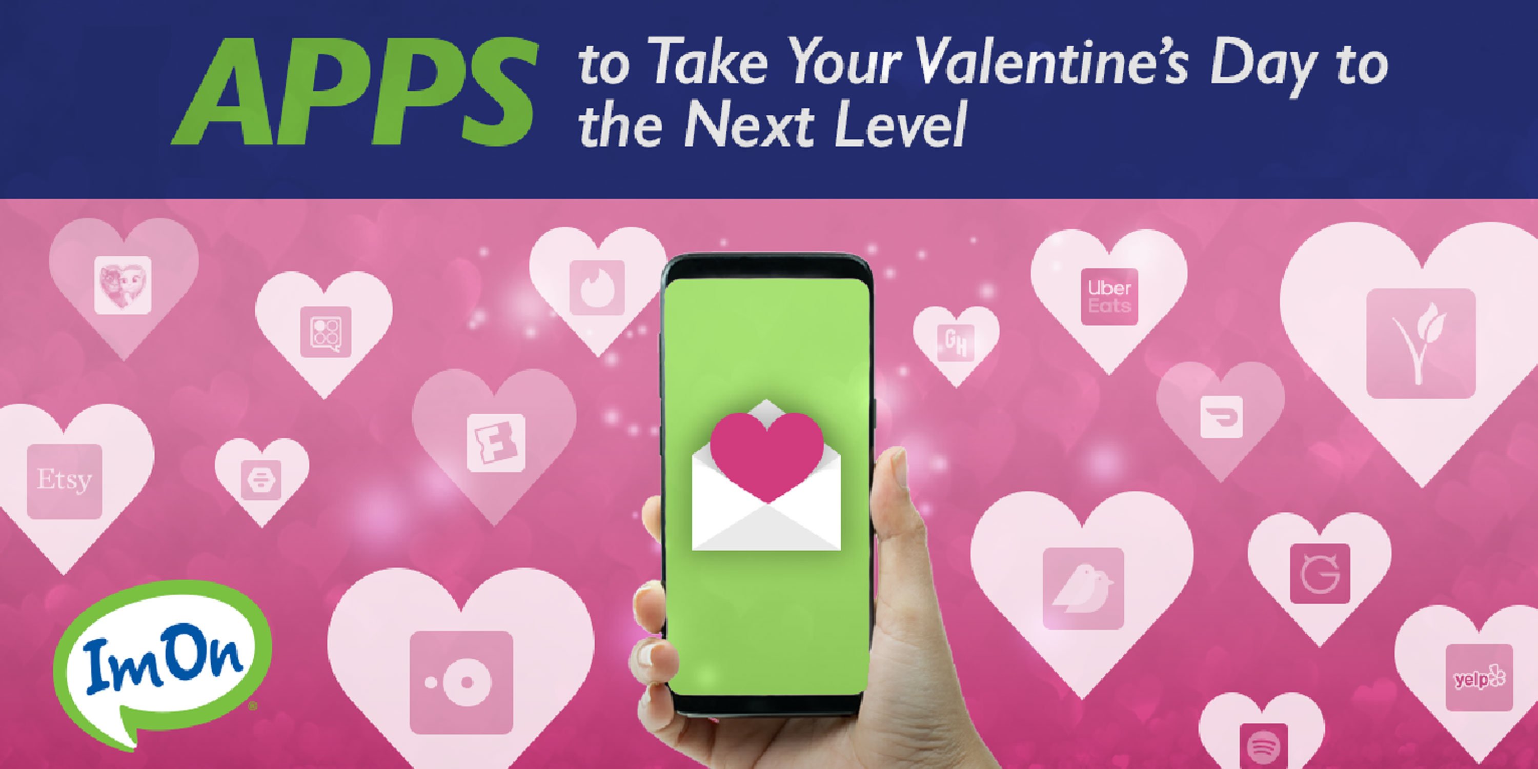 Hand holding smartphone surrounded by Apps for Valentine's Day